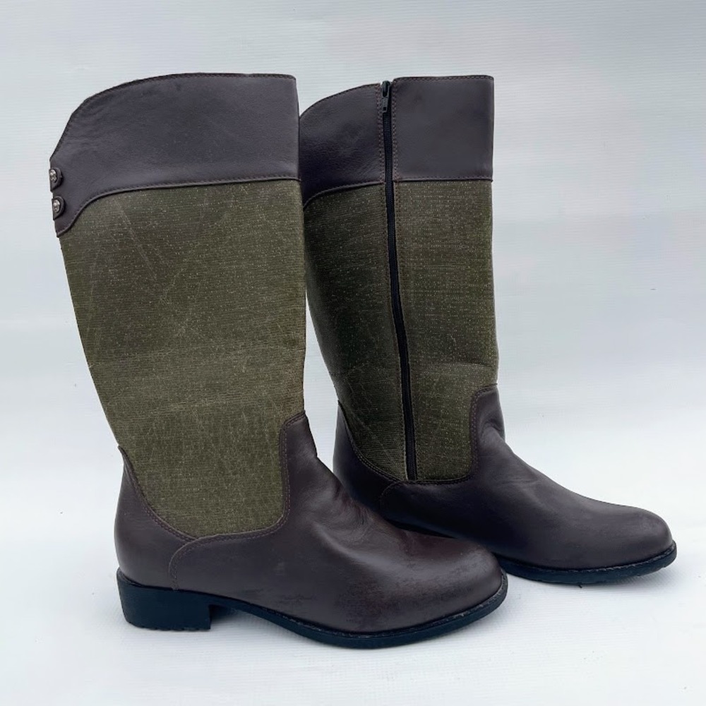 WJ007 Tall Riding Boots 8.5 Brown Olive Green Leather Canvas Mixed Media WJ007